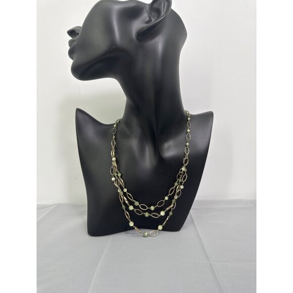 Layered Jade Green Pearl Gold Chain Multistrand Statement Necklace - Picture 1 of 5